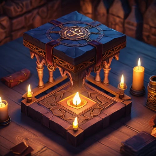 magic grimoire,candlelight,card table,druid stone,witch's hat icon,collected game assets,candle wick,treasure chest,candlemaker,fortune teller,card box,tea light,artifact,runes,magic cube,candlelights,wooden mockup,divination,tealight,scrolls,Unique,3D,Low Poly