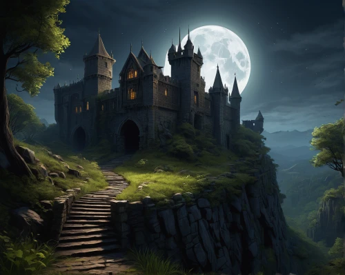 castle of the corvin,haunted castle,fantasy landscape,fantasy picture,witch's house,fairy tale castle,ghost castle,moonlit night,gothic architecture,knight's castle,fairytale castle,gothic style,hogwarts,witch house,fantasy art,haunted cathedral,moonlit,dracula castle,medieval castle,bethlen castle,Illustration,American Style,American Style 01