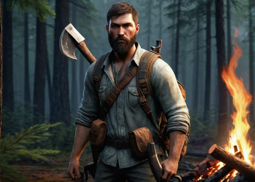 woodsman,lumberjack,lumberjack pattern,farmer in the woods,bowie knife,rifleman,the wanderer,gamekeeper,hunting knife,scout,chasseur,male character,forest man,man holding gun and light,bushcraft,brawny,mercenary,ranger,throwing axe,american frontier,Illustration,Realistic Fantasy,Realistic Fantasy 22