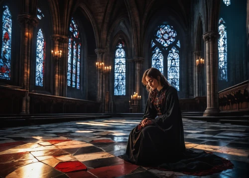 gothic portrait,woman praying,praying woman,gothic woman,gothic fashion,gothic architecture,dark gothic mood,gothic style,gothic,seven sorrows,blood church,gothic dress,girl praying,vestment,church faith,eucharist,house of prayer,gothic church,haunted cathedral,of mourning,Illustration,Realistic Fantasy,Realistic Fantasy 17