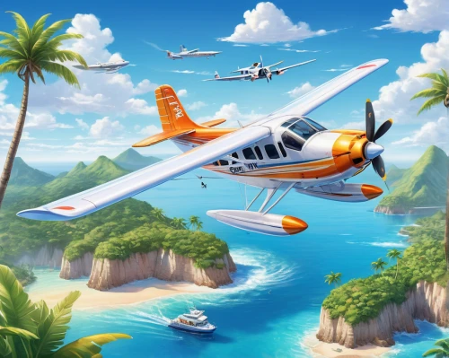 seaplane,flying island,south pacific,light aircraft,general aviation,cessna 206,biplane,cessna 210,ms island escape,mobile video game vector background,aviation,triplane,monoplane,free flight,glider pilot,tucano-toco,pilotfish,cuba background,sport aircraft,flying boat,Illustration,Japanese style,Japanese Style 01