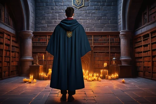 hogwarts,librarian,scholar,wizard,academic dress,magistrate,sci fiction illustration,academic,wizardry,magic book,candlemaker,hall of the fallen,the books,bookshelves,albus,potter,bibliology,apothecary,candle wick,magic grimoire,Illustration,Japanese style,Japanese Style 13