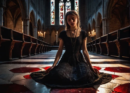 gothic portrait,gothic fashion,gothic dress,vestment,gothic woman,blood church,gothic style,dark gothic mood,gothic,lindsey stirling,kneel,worship,medieval hourglass,kneeling,praying woman,gothic architecture,seven sorrows,sepulchre,priestess,church faith,Photography,Fashion Photography,Fashion Photography 16