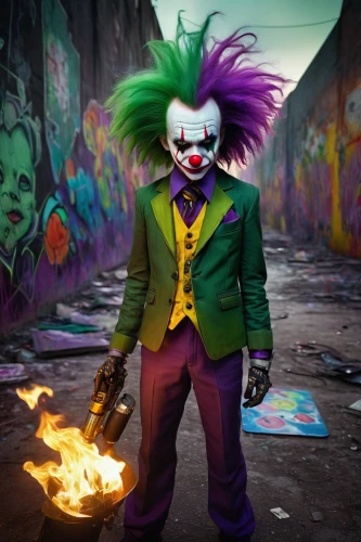 joker,scary clown,creepy clown,horror clown,clown,graffiti art,fire artist,graffiti,it,villain,trickster,hatter,supervillain,entertainer,street artist,magician,cosplay image,electro,ringmaster,male mask killer,Illustration,Abstract Fantasy,Abstract Fantasy 06