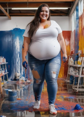 plus-size model,thick paint,art model,plus-size,belly painting,plus-sized,social,cellulite,girl in overalls,painting technique,fat,in a studio,painted wall,artist portrait,meticulous painting,painting,fabric painting,high jeans,mural,gordita