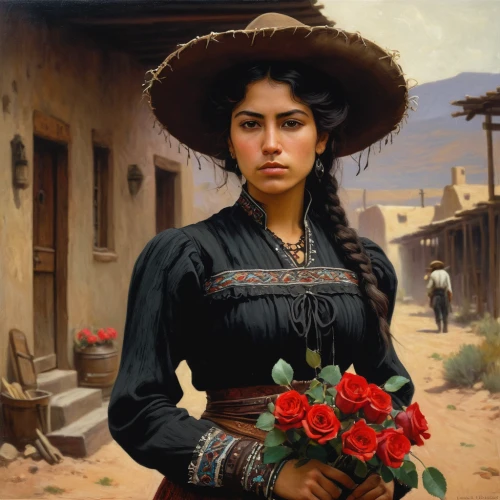 peruvian women,desert flower,rosa bonita,rosa,adelita,holding flowers,mariachi,way of the roses,mexican culture,flower delivery,girl in a historic way,romantic portrait,rosa peace,girl picking flowers,frida,paloma,la catrina,culture rose,mexican tradition,old country roses,Art,Classical Oil Painting,Classical Oil Painting 32