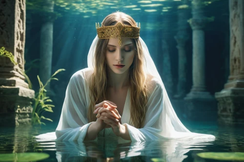 priestess,rusalka,water nymph,mystical portrait of a girl,the enchantress,fantasy picture,the blonde in the river,sorceress,water-the sword lily,lily of the nile,woman at the well,the prophet mary,elven,faery,dryad,shamanic,divination,shamanism,praying woman,fantasy portrait,Photography,Artistic Photography,Artistic Photography 01