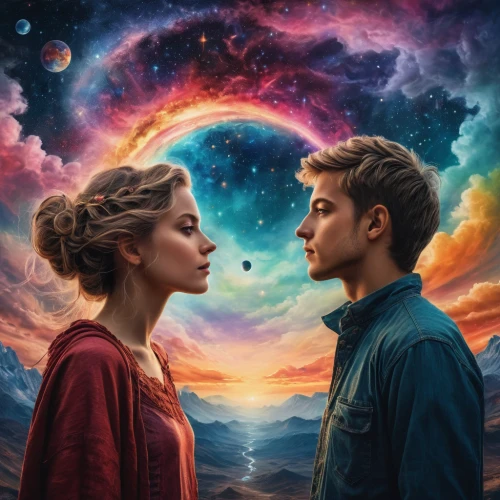 passengers,astronomers,vintage boy and girl,romantic portrait,two people,space art,universe,the universe,artists of stars,boy and girl,sci fiction illustration,couple goal,celestial bodies,the moon and the stars,attraction,divergent,photomanipulation,scene cosmic,wonder,inner space,Photography,General,Fantasy