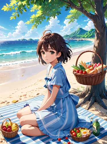 beach background,summer background,beach scenery,picnic,picnic basket,honolulu,summer day,beach restaurant,idyllic,watermelon background,by the sea,seaside,himuto,coconuts on the beach,sanya,seaside country,summer foods,ocean background,beach chair,luau,Anime,Anime,Realistic