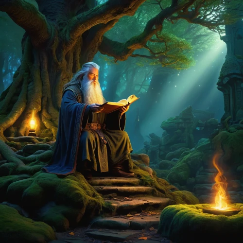 fantasy picture,gandalf,druid,the wizard,jrr tolkien,druids,druid grove,fantasy art,wizard,scholar,druid stone,the abbot of olib,magus,elven forest,magic book,summoner,persian poet,the mystical path,divination,wizards,Illustration,Realistic Fantasy,Realistic Fantasy 44