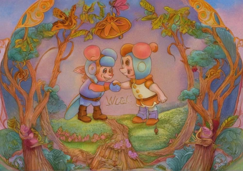 fairy tale,frutti di bosco,children's fairy tale,a fairy tale,fairy world,wishing well,fairytale characters,fairy tale character,fairy village,pinocchio,fairy forest,peter rabbit,children's background,young couple,mice,romantic scene,chalk drawing,apple pair,kids illustration,wonderland,Illustration,Realistic Fantasy,Realistic Fantasy 02