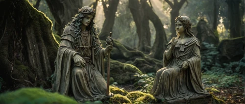 druids,elven forest,garden statues,forest cemetery,elves,holy forest,statues,hanging elves,stone statues,burial ground,stone figures,the three graces,fairy forest,guards of the canyon,fantasy picture,dance of death,old graveyard,staves,enchanted forest,wooden figures,Illustration,Realistic Fantasy,Realistic Fantasy 02