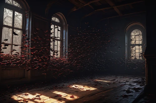blood church,dandelion hall,hall of the fallen,abandoned room,dried petals,fallen petals,ornate room,witch's house,ristras,wine cellar,blood maple,3d render,render,cells,decay,a dark room,haunted cathedral,blood cells,fallen acorn,flying seeds,Art,Artistic Painting,Artistic Painting 48
