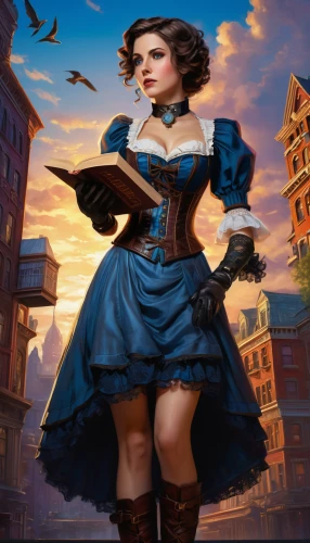 victorian lady,steampunk,girl in a historic way,bodice,rosa ' amber cover,fantasy picture,country-western dance,fantasy portrait,overskirt,librarian,women's novels,girl with gun,fantasy art,woman holding gun,woman holding pie,collectible card game,hipparchia,fantasy woman,girl with a gun,seamstress,Conceptual Art,Oil color,Oil Color 09