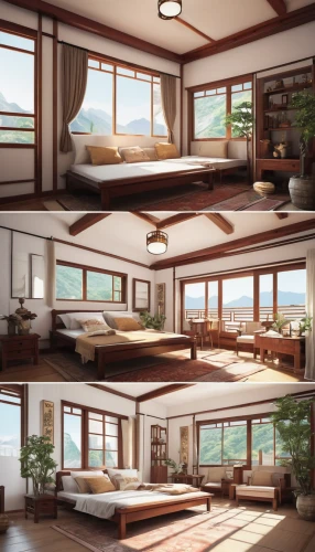 japanese-style room,3d rendering,modern room,sleeping room,wooden windows,ryokan,sky apartment,loft,3d rendered,tatami,japanese architecture,great room,livingroom,rooms,folding roof,render,home interior,living room,dunes house,room divider,Photography,General,Realistic