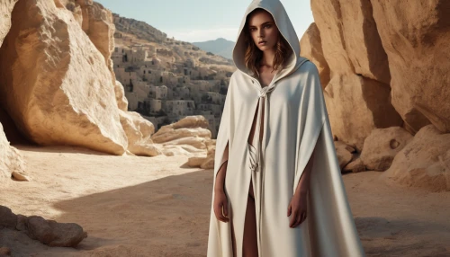 biblical narrative characters,the prophet mary,cloak,bedouin,digital compositing,middle eastern monk,empty tomb,sackcloth textured,genesis land in jerusalem,priestess,star-of-bethlehem,petra,the abbot of olib,white clothing,woman at the well,sackcloth,desert background,girl on the dune,qumran,the star of bethlehem,Photography,Fashion Photography,Fashion Photography 01