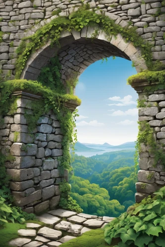 cartoon video game background,landscape background,background with stones,fantasy landscape,wall,cry stone walls,background vector,backgrounds,backgrounds texture,stone background,castle ruins,archway,fantasy picture,world digital painting,children's background,ruined castle,home landscape,background images,round arch,window to the world,Unique,Design,Sticker