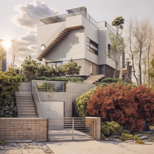 modern house,dunes house,modern architecture,3d rendering,cubic house,mid century house,habitat 67,futuristic architecture,cube house,render,contemporary,mid century modern,arhitecture,luxury home,modern style,archidaily,3d render,residential house,jewelry（architecture）,house shape