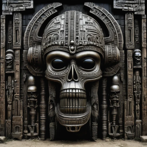 biomechanical,african art,endoskeleton,skull statue,skull sculpture,egyptian temple,mortuary temple,death mask,scull,aztec,ancient egypt,somtum,the aztec calendar,skull bones,cybernetics,african masks,pharaohs,ancient egyptian,calavera,mandelbulb,Conceptual Art,Sci-Fi,Sci-Fi 02