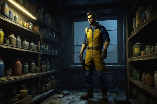 apothecary,chemical laboratory,coveralls,hazmat suit,repairman,warehouseman,penumbra,yellow jumpsuit,chemical container,janitor,the morgue,biohazard,fallout4,chemical plant,contamination,chemist,fallout shelter,shopkeeper,reagents,hazardous,Illustration,Abstract Fantasy,Abstract Fantasy 16