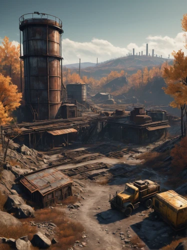 industrial landscape,wasteland,post-apocalyptic landscape,fallout4,mining facility,industrial ruin,scrapyard,croft,post apocalyptic,scrap yard,fallout,metal rust,industries,salvage yard,rusty cars,oil tank,metal tanks,industrial area,fresh fallout,junkyard,Illustration,Realistic Fantasy,Realistic Fantasy 45