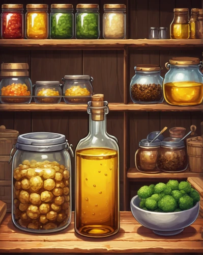 apothecary,spreewald gherkins,cooking oil,game illustration,brandy shop,pantry,honey jar,jars,french digital background,preserved food,village shop,potions,storage-jar,edible oil,olive oil,honey products,walnut oil,collected game assets,soybean oil,honey jars,Illustration,Japanese style,Japanese Style 05