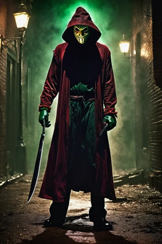 with the mask,male mask killer,hooded man,assassin,masked man,red hood,grimm reaper,iron mask hero,green goblin,spawn,fawkes,blade,splinter,halloween poster,reptillian,without the mask,arrow,specter,cosplay image,swordsman,Illustration,Realistic Fantasy,Realistic Fantasy 37