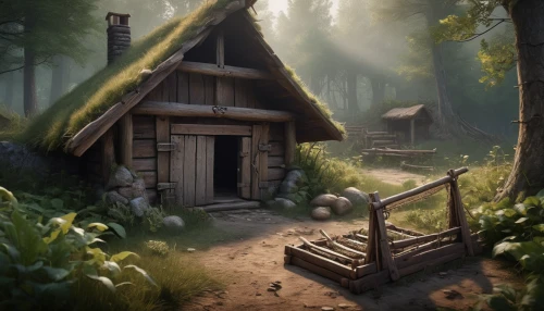 house in the forest,wooden hut,wooden house,witch's house,small cabin,log cabin,ancient house,little house,summer cottage,small house,cottage,the cabin in the mountains,home landscape,log home,traditional house,cabin,lonely house,old home,country cottage,druid grove,Conceptual Art,Fantasy,Fantasy 14