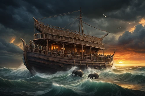 noah's ark,viking ship,sea fantasy,fantasy picture,viking ships,caravel,ghost ship,trireme,longship,maelstrom,shipwreck,pirate ship,galleon ship,ironclad warship,tour to the sirens,the ark,fantasy art,sea sailing ship,galleon,animal migration,Illustration,Abstract Fantasy,Abstract Fantasy 15