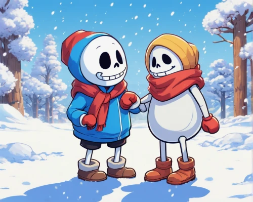snowmen,papyrus,winter clothing,snow figures,winter background,snow scene,skeletons,winter clothes,cute cartoon image,in the snow,ice skating,snow drawing,playing in the snow,snowfall,snow man,snow trail,snowy,snowballs,snow boot,the cold season,Illustration,Japanese style,Japanese Style 01