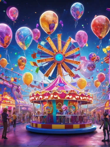 hot-air-balloon-valley-sky,carousel,funfair,fairground,circus,circus show,colorful balloons,circus stage,annual fair,carnival tent,circus tent,amusement park,shanghai disney,amusement ride,star balloons,merry-go-round,carnival,prater,cirque,teacups,Illustration,Realistic Fantasy,Realistic Fantasy 20