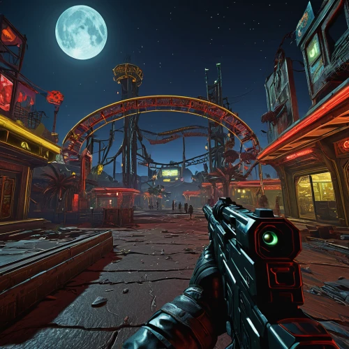 black city,shooter game,ghost town,fallout4,screenshot,fallout,jackal,wasteland,bogart village,deadwood,night view of red rose,graphics,rustico,car hop,development concept,action-adventure game,videogame,site camera gun,marketplace,moon valley,Illustration,Abstract Fantasy,Abstract Fantasy 12