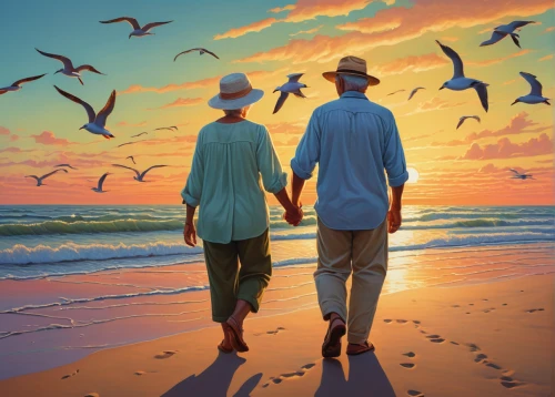 loving couple sunrise,old couple,romantic scene,love couple,elderly people,couple in love,love in air,two people,hold hands,handing love,for lovebirds,beach walk,beautiful couple,caregiver,companionship,man and woman,you are always in my heart,grandparents,walk on the beach,oil painting on canvas,Conceptual Art,Daily,Daily 25