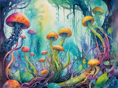 mushroom landscape,mushrooms,mushroom island,underwater landscape,coral reef,forest mushrooms,psychedelic art,fairy forest,forest mushroom,medicinal mushroom,acid lake,alien world,aquarium,blue mushroom,cubensis,fairy world,fungal science,underwater background,mushroom type,aquarium inhabitants,Illustration,Paper based,Paper Based 25