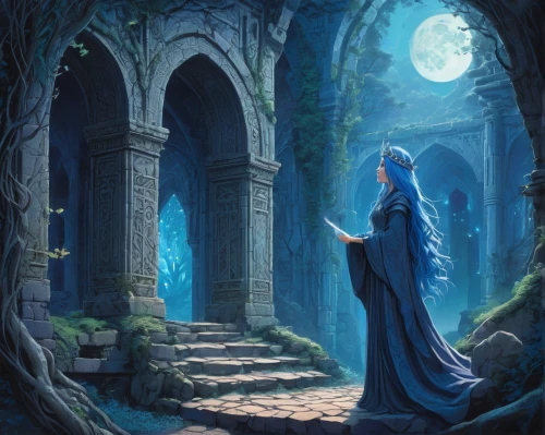 blue enchantress,fantasy picture,hall of the fallen,fantasy art,sorceress,the mystical path,blue moon,the threshold of the house,blue moon rose,heroic fantasy,the enchantress,fantasy landscape,a fairy tale,sepulchre,fairy tale,gothic woman,druids,threshold,fairy tales,fairytales,Conceptual Art,Daily,Daily 31