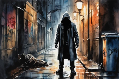 hooded man,overcoat,man with umbrella,pedestrian,red hood,play escape game live and win,sci fiction illustration,world digital painting,blind alley,game illustration,cd cover,action-adventure game,black coat,walking in the rain,a pedestrian,walking man,alleyway,scythe,trench coat,background images,Illustration,Paper based,Paper Based 25