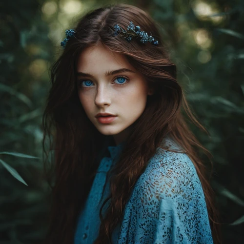 mystical portrait of a girl,beautiful girl with flowers,blue eyes,faery,faerie,fairy queen,girl portrait,girl in flowers,enchanting,young woman,blue enchantress,portrait of a girl,fae,girl in the garden,romantic portrait,little girl fairy,jasmine blue,young beauty,blue eye,elven,Photography,Documentary Photography,Documentary Photography 08