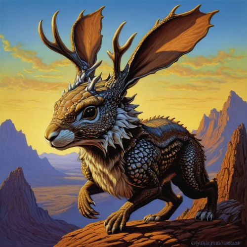 jackalope,gryphon,steppe hare,forest dragon,hare of patagonia,triceratops,trioceros,jackrabbit,altiplano,cynorhodon,uintatherium,painted dragon,horned lizard,horned,loukaniko,capricorn,manchurian stag,fantasy art,antelope jackrabbit,wild hare,Illustration,American Style,American Style 07