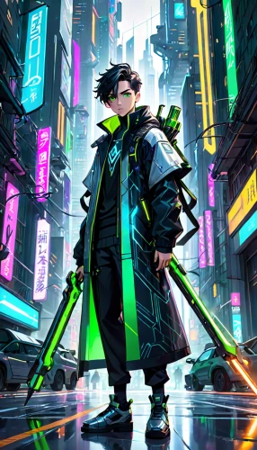cyberpunk,cyber,cyber glasses,transistor,neon,outer,high-visibility clothing,neon arrows,matrix,swordsman,sci fiction illustration,cell,neon colors,neon light,patrol,neon lights,scifi,jacket,scythe,wanderer,Anime,Anime,General