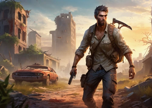game illustration,croft,game art,mobile video game vector background,mad max,the wanderer,action-adventure game,man holding gun and light,cargo pants,android game,lara,post apocalyptic,cuba background,shooter game,mobile game,background images,concept art,full hd wallpaper,background image,mercenary,Illustration,Realistic Fantasy,Realistic Fantasy 01