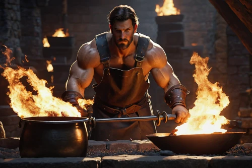 blacksmith,dwarf cookin,cholent,cooking pot,tinsmith,tandoor,men chef,outdoor cooking,copper cookware,karahi,fire master,cookery,hercules,red cooking,cauldron,fire artist,the pan,cent,mortar and pestle,iron-pour,Illustration,Realistic Fantasy,Realistic Fantasy 09