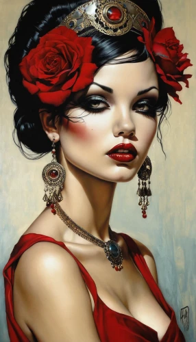 geisha girl,fantasy art,oriental princess,venetian mask,geisha,chinese art,red rose,orientalism,art painting,queen of hearts,oriental girl,red roses,lady in red,gypsy soul,painted lady,italian painter,boho art,fashion illustration,red hat,headdress,Illustration,Realistic Fantasy,Realistic Fantasy 10