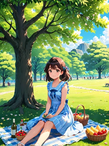 springtime background,spring background,picnic,girl picking apples,japanese sakura background,spring leaf background,summer background,summer day,landscape background,picnic basket,girl picking flowers,park bench,sakura background,idyllic,in the park,picnic table,country dress,on the grass,a girl in a dress,euphonium,Anime,Anime,Traditional