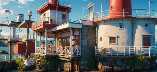 floating huts,houseboat,stilt houses,lifeguard tower,stilt house,house of the sea,seaside resort,docks,wheelhouse,house by the water,popeye village,lightship,wharf,diving bell,docked,red lighthouse,dock,studio ghibli,seaside country,boat harbor,Photography,General,Cinematic