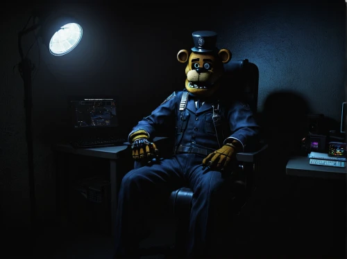 night administrator,a dark room,suit actor,3d teddy,penumbra,homer simpsons,interrogation,dark portrait,creepy clown,live escape game,scene lighting,anthropomorphic,night watch,scandia bear,monkey banana,detective,psychologist,bert,investigation,in the dark,Conceptual Art,Fantasy,Fantasy 30