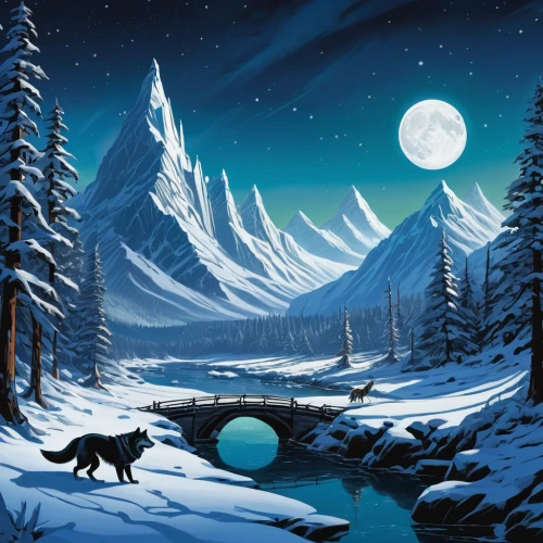 snow landscape,winter background,snowy landscape,winter landscape,winter animals,snow scene,snowy mountains,christmas landscape,north pole,landscape background,boreal,christmas snowy background,fantasy picture,mountain scene,arctic,snowy peaks,night snow,midnight snow,ice landscape,wolves,Illustration,American Style,American Style 09