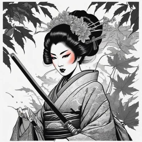 geisha,geisha girl,cool woodblock images,samurai,katana,japanese art,oriental princess,erhu,japanese woman,motsunabe,mulan,shinto,mukimono,oriental girl,woodblock prints,samurai fighter,shakuhachi,swordswoman,sanshin,japanese culture,Illustration,Black and White,Black and White 06