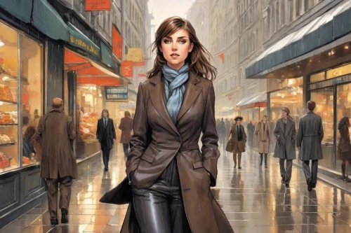 woman shopping,woman walking,woman in menswear,sci fiction illustration,overcoat,pedestrian,businesswoman,the girl at the station,white-collar worker,a pedestrian,girl in a long,girl walking away,shopper,salesgirl,mystery book cover,bussiness woman,business woman,female doctor,cordwainer,women's novels,Digital Art,Comic