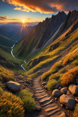 winding steps,eastern iceland,the mystical path,winding road,mountain sunrise,alpine route,alpine crossing,the path,hiking path,pathway,mountain landscape,beautiful landscape,landscapes beautiful,the way of nature,alpine sunset,the way,mountainous landscape,path,winding roads,mountain stream,Illustration,Retro,Retro 05