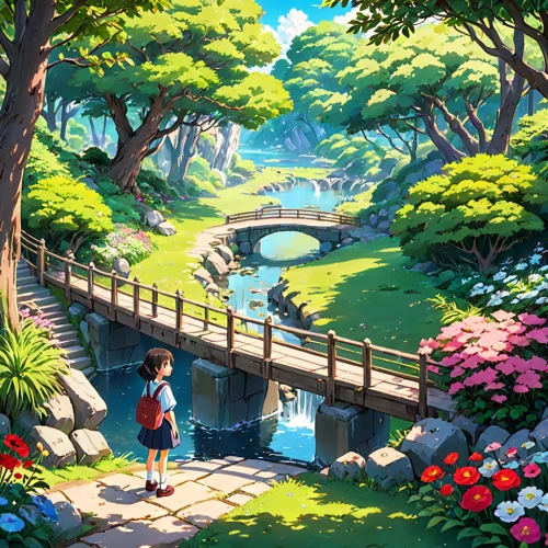 studio ghibli,sake gardens,japan garden,crescent spring,flower garden,springtime background,wishing well,landscape background,tea garden,english garden,spring background,fairy world,fairy village,japanese garden,mountain spring,japan landscape,game illustration,koi pond,lily pond,summer day,Anime,Anime,Traditional